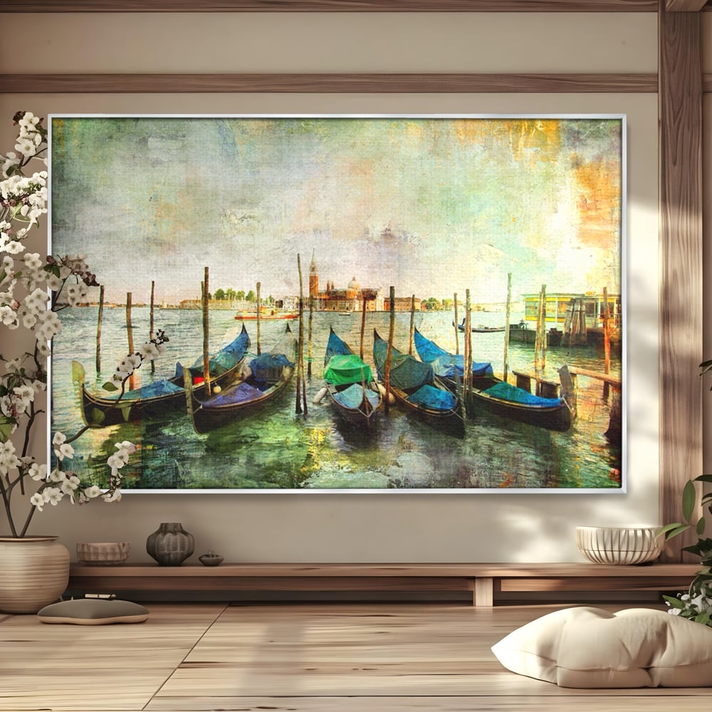 Tablou canvas cu pictura orizontala cu gondole in venetia, in rama de aluminiu argintiu